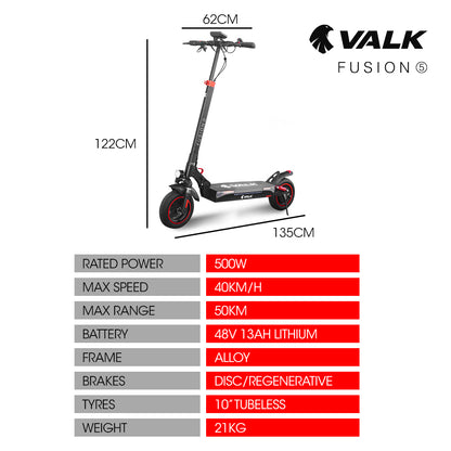 VALK Fusion 5 Electric Scooter, 500W 48V 13Ah Lithium 50km Range 40km/h Quad Shocks 10 inch Tyres,