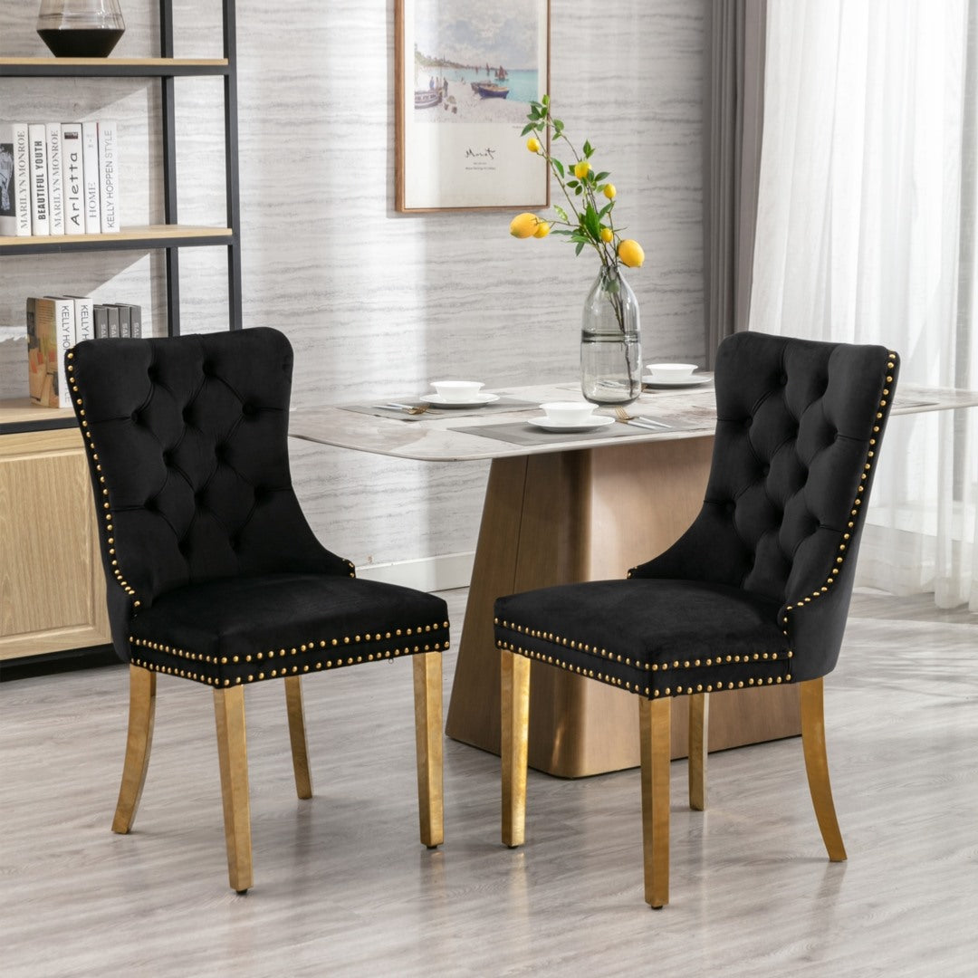 6x Velvet Dining Chairs with Golden Metal Legs-Black