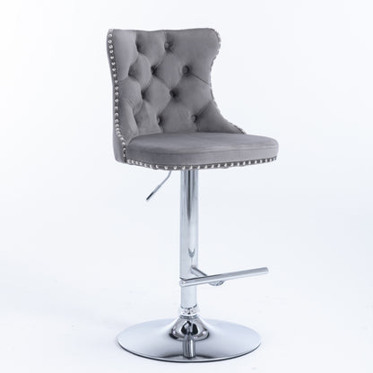 4x Height Adjustable Swivel Bar Stool Velvet Stud Barstool with Footrest and Chromed Base- Gray