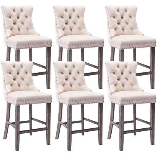 6X Velvet Bar Stools with Studs Trim Wooden Legs Tufted Dining Chairs Kitchen