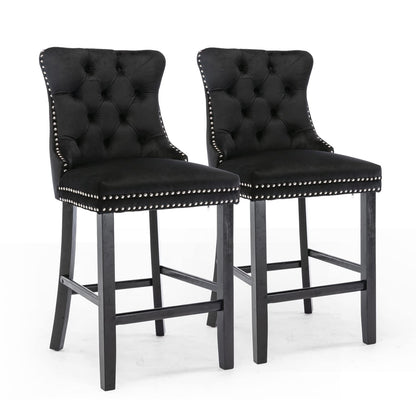 4X Velvet Bar Stools with Studs Trim Wooden Legs Tufted Dining Chairs Kitchen