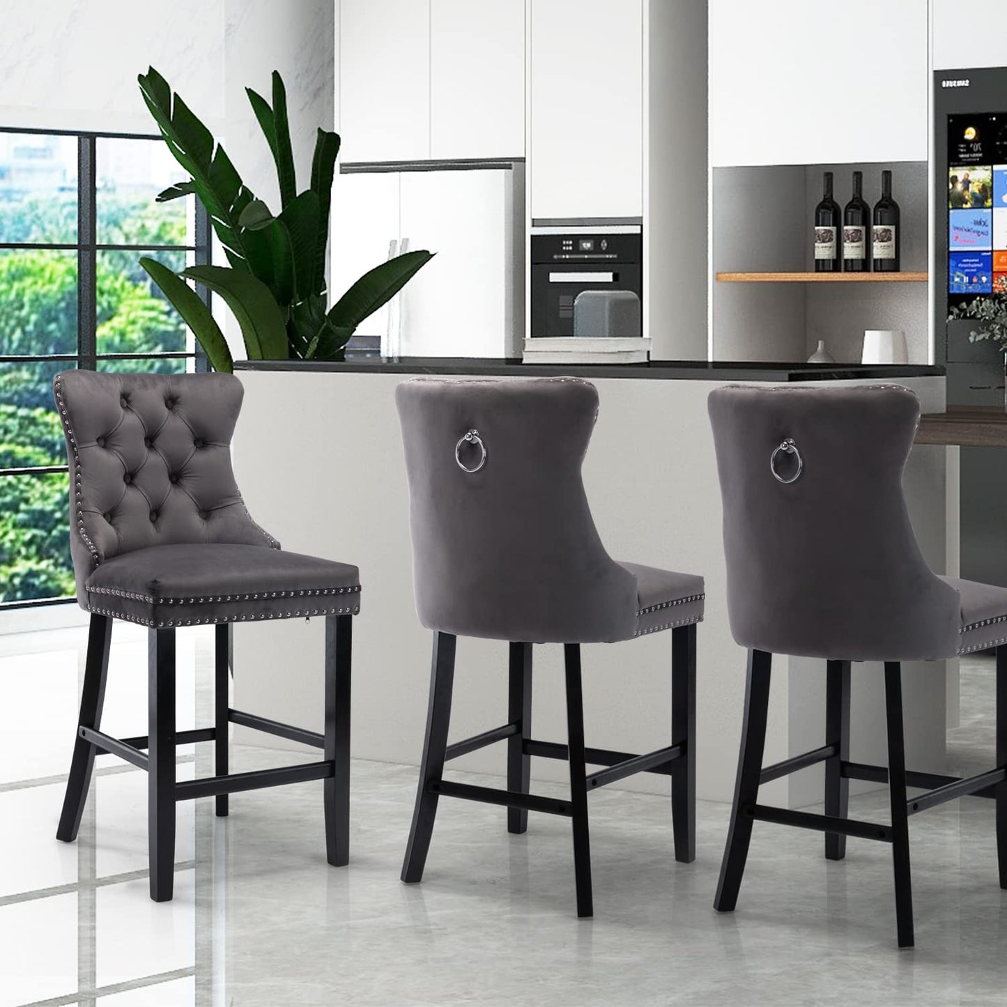 4X Velvet Bar Stools with Studs Trim Wooden Legs Tufted Dining Chairs Kitchen