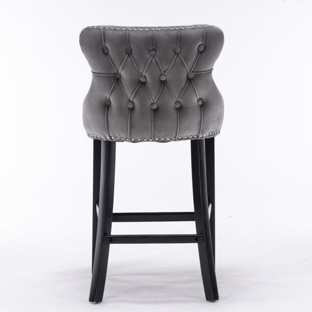 4x Velvet Upholstered Button Tufted Bar Stools with Wood Legs and Studs-Grey