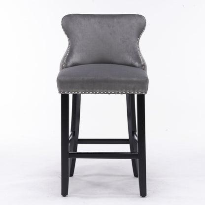 2x Velvet Upholstered Button Tufted Bar Stools with Wood Legs and Studs-Grey