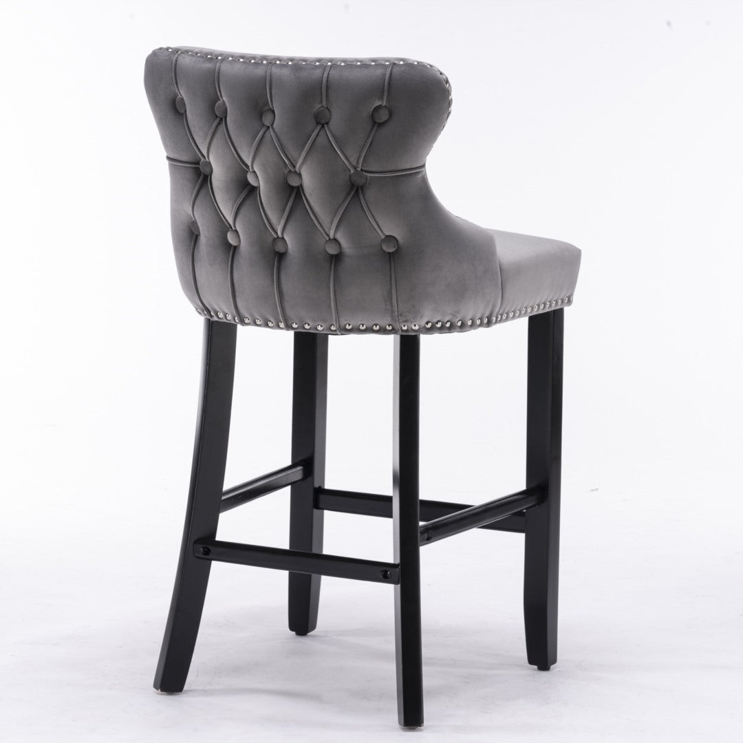 2x Velvet Upholstered Button Tufted Bar Stools with Wood Legs and Studs-Grey