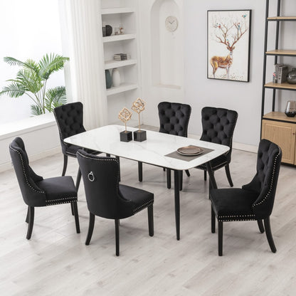 4x Velvet Dining Chairs Upholstered Tufted Kithcen Chair with Solid Wood Legs Stud Trim and Ring-Black