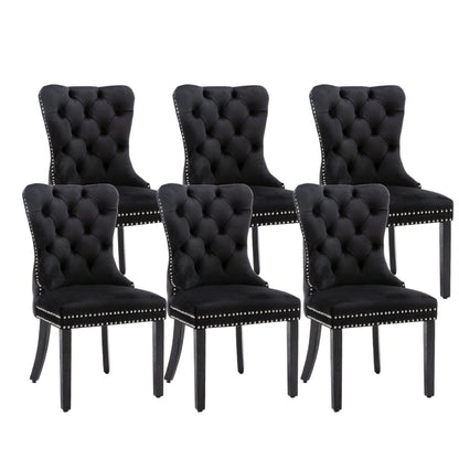 6x Velvet Dining Chairs Upholstered Tufted Kitchen Chair with Solid Wood Legs Stud Trim and Ring-Black