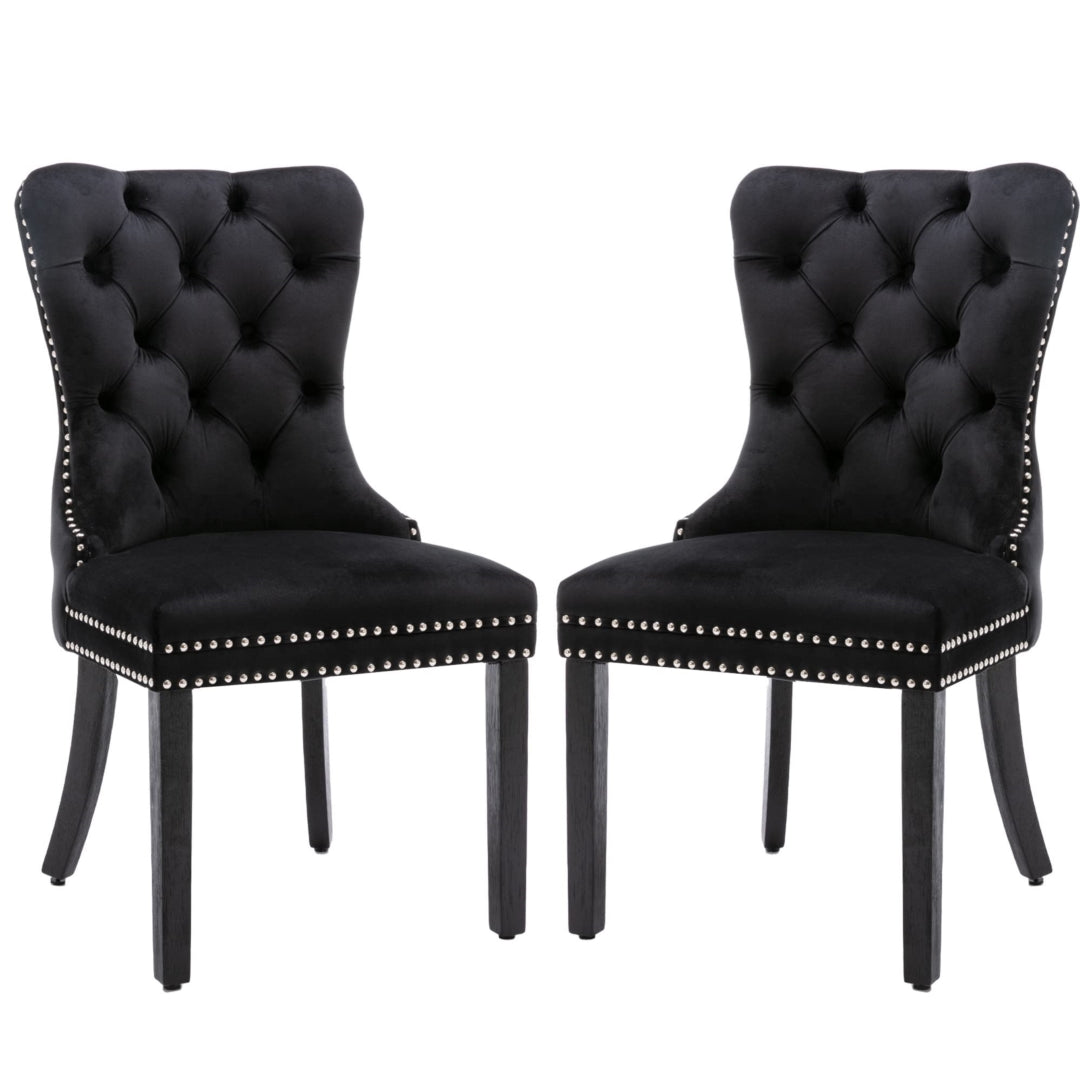 6x Velvet Dining Chairs Upholstered Tufted Kitchen Chair with Solid Wood Legs Stud Trim and Ring-Black