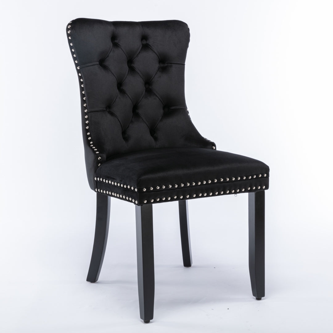 6x Velvet Dining Chairs Upholstered Tufted Kitchen Chair with Solid Wood Legs Stud Trim and Ring-Black