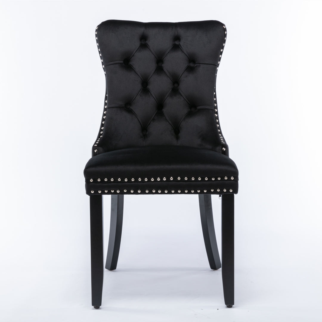 6x Velvet Dining Chairs Upholstered Tufted Kitchen Chair with Solid Wood Legs Stud Trim and Ring-Black