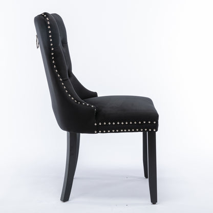 6x Velvet Dining Chairs Upholstered Tufted Kitchen Chair with Solid Wood Legs Stud Trim and Ring-Black