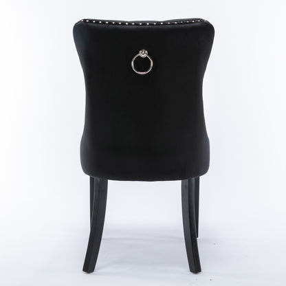 6x Velvet Dining Chairs Upholstered Tufted Kitchen Chair with Solid Wood Legs Stud Trim and Ring-Black