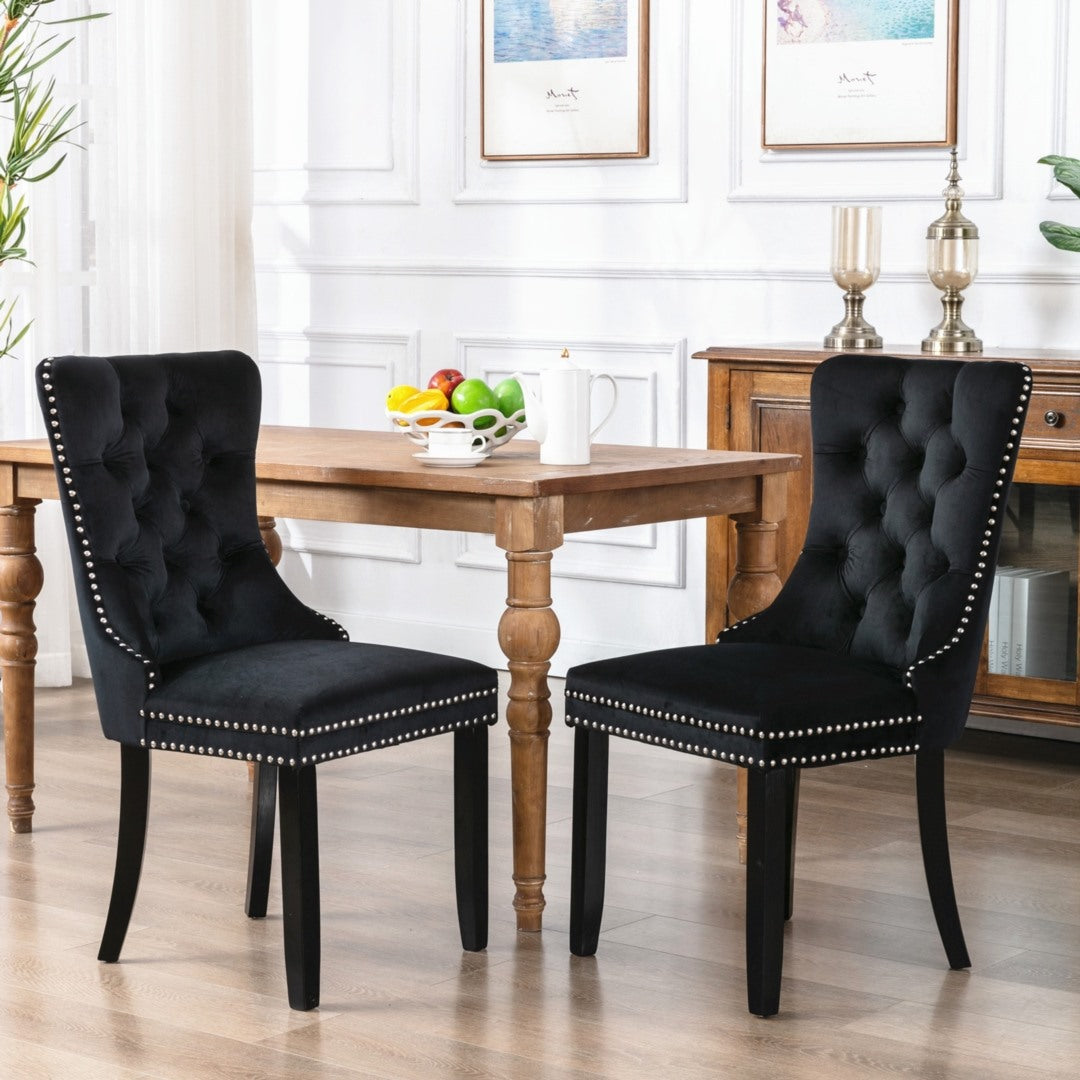 6x Velvet Dining Chairs Upholstered Tufted Kitchen Chair with Solid Wood Legs Stud Trim and Ring-Black