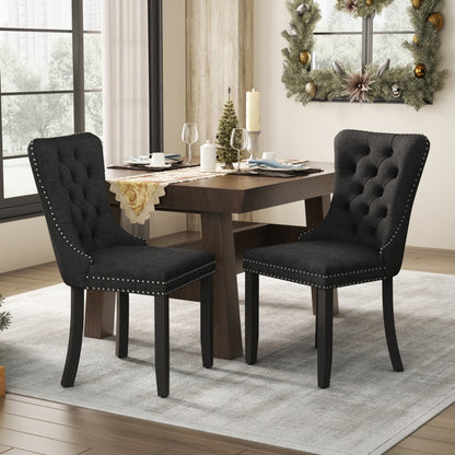 6x Velvet Dining Chairs Upholstered Tufted Kitchen Chair with Solid Wood Legs Stud Trim and Ring-Black