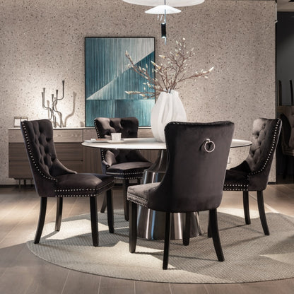 6x Velvet Dining Chairs Upholstered Tufted Kitchen Chair with Solid Wood Legs Stud Trim and Ring-Black