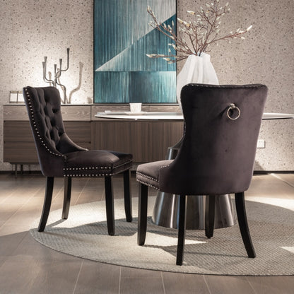 6x Velvet Dining Chairs Upholstered Tufted Kitchen Chair with Solid Wood Legs Stud Trim and Ring-Black