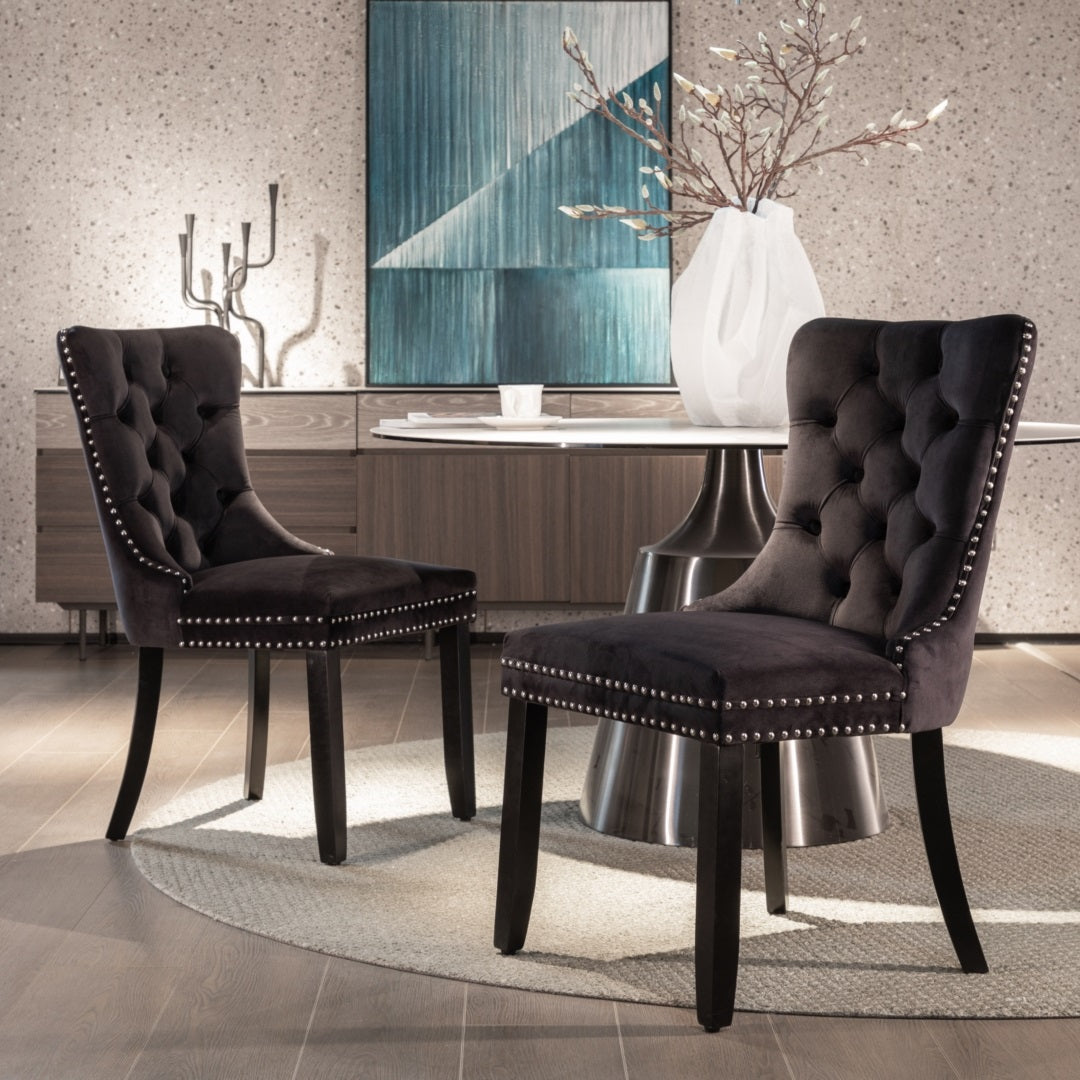 6x Velvet Dining Chairs Upholstered Tufted Kitchen Chair with Solid Wood Legs Stud Trim and Ring-Black