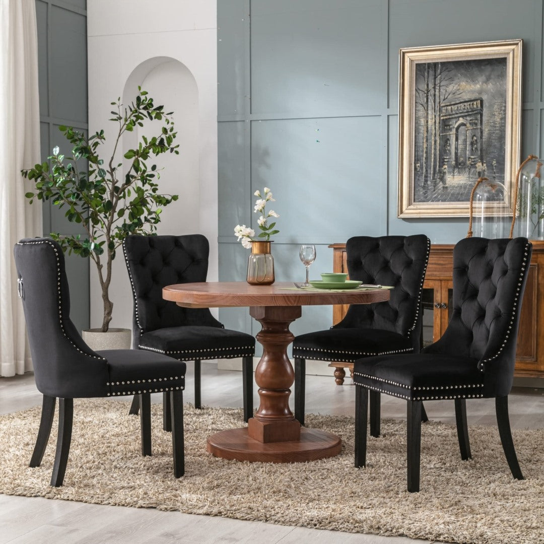 6x Velvet Dining Chairs Upholstered Tufted Kitchen Chair with Solid Wood Legs Stud Trim and Ring-Black