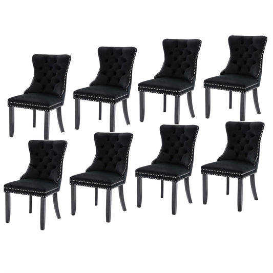 8x Velvet Dining Chairs Upholstered Tufted Kitchen Chair with Solid Wood Legs Stud Trim and Ring-Black