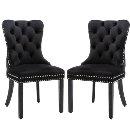 8x Velvet Dining Chairs Upholstered Tufted Kitchen Chair with Solid Wood Legs Stud Trim and Ring-Black