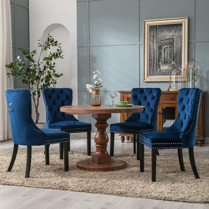 4x Velvet Dining Chairs Upholstered Tufted Kithcen Chair with Solid Wood Legs Stud Trim and Ring-Blue