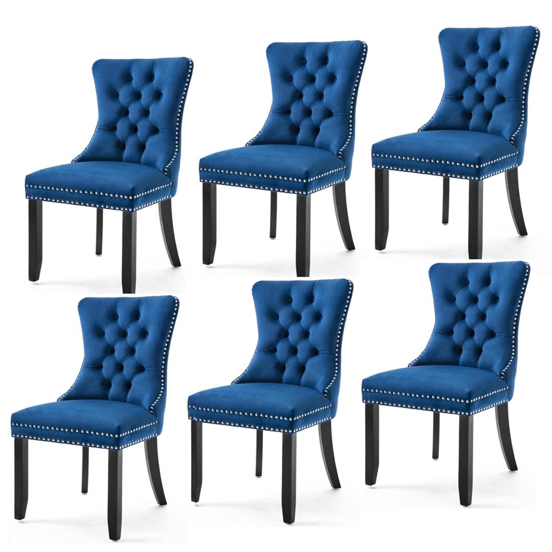 6x Velvet Dining Chairs Upholstered Tufted Kithcen Chair with Solid Wood Legs Stud Trim and Ring-Blue