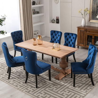 6x Velvet Dining Chairs Upholstered Tufted Kithcen Chair with Solid Wood Legs Stud Trim and Ring-Blue