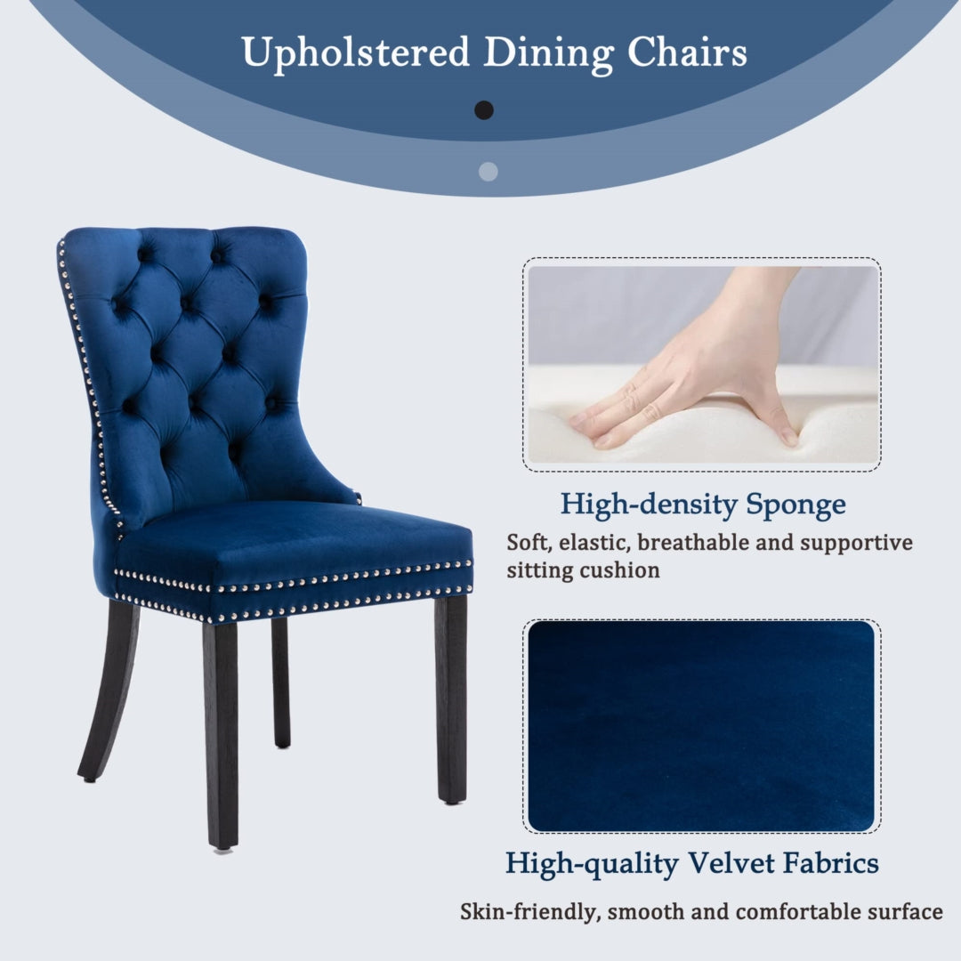 2x Velvet Dining Chairs Upholstered Tufted Kithcen Chair with Solid Wood Legs Stud Trim and Ring-Blue