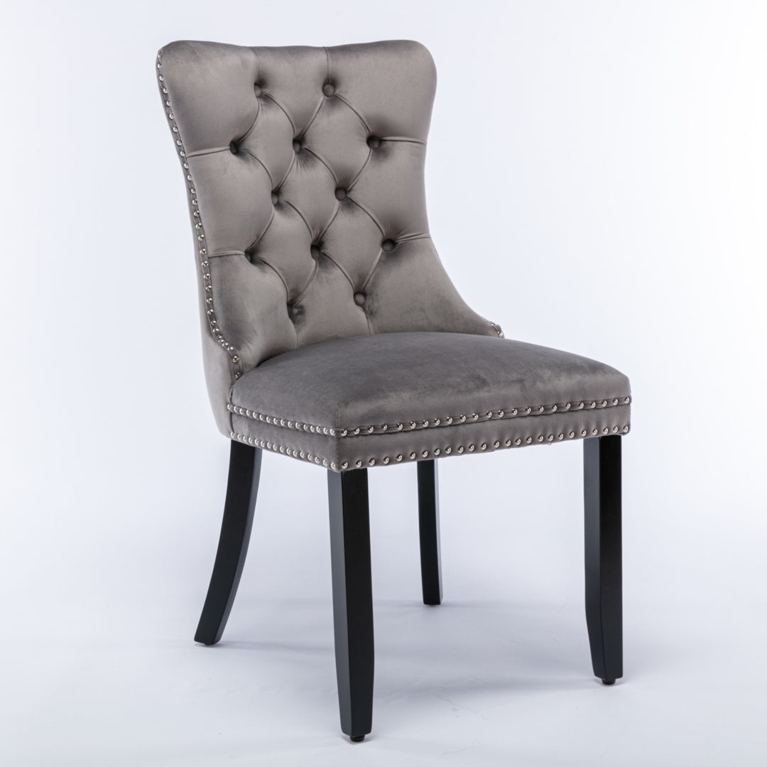 6x Velvet Dining Chairs Upholstered Tufted Kithcen Chair with Solid Wood Legs Stud Trim and Ring-Gray