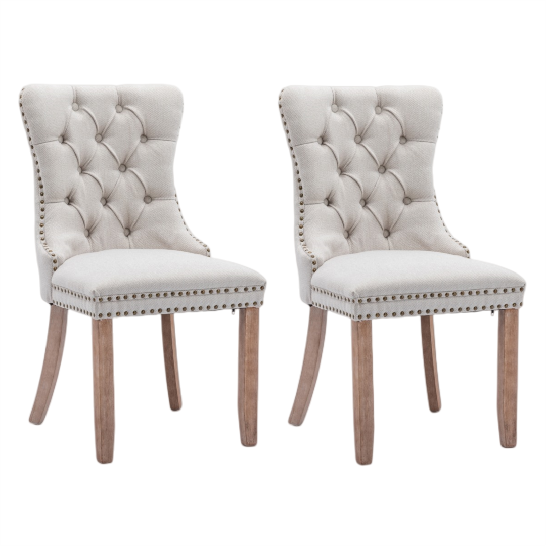 8x AADEN Modern Elegant Button-Tufted Upholstered Fabric with Studs Trim and Wooden legs Dining Side Chair-Beige