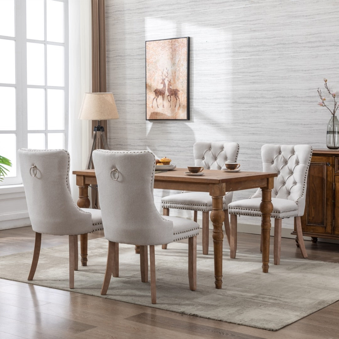 8x AADEN Modern Elegant Button-Tufted Upholstered Fabric with Studs Trim and Wooden legs Dining Side Chair-Beige