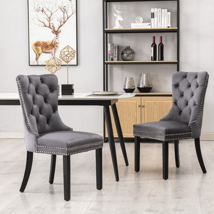 2x Velvet Dining Chairs Upholstered Tufted Kithcen Chair with Solid Wood Legs Stud Trim and Ring-Gray