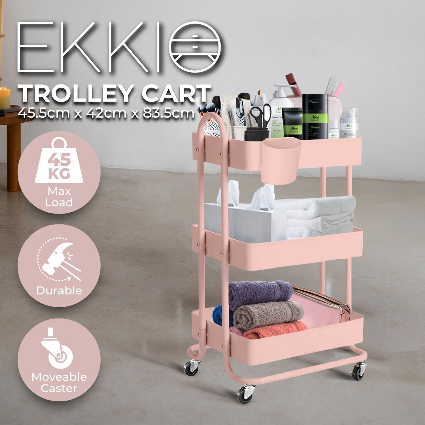 EKKIO Kitchen Trolley Cart 3 Tier (Pink)