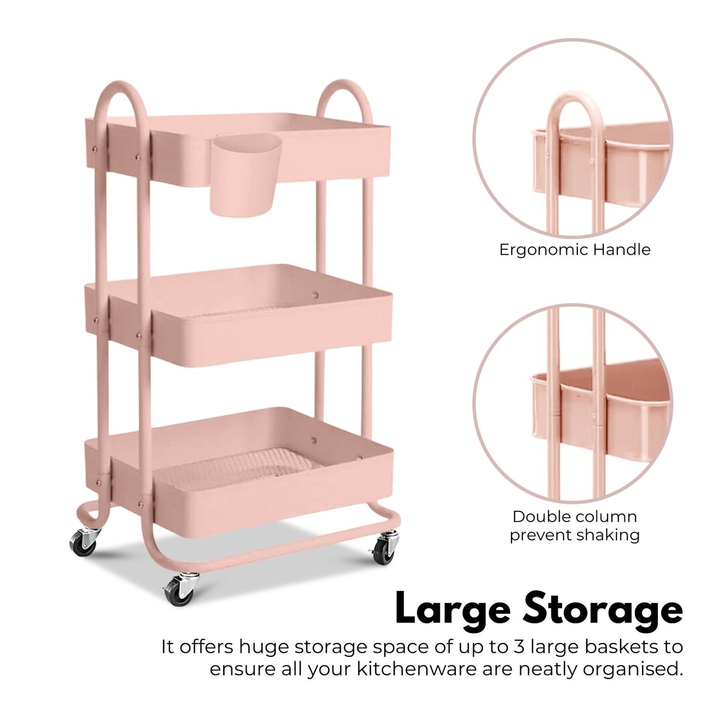 EKKIO Kitchen Trolley Cart 3 Tier (Pink)