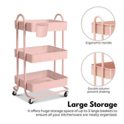 EKKIO Kitchen Trolley Cart 3 Tier (Pink)