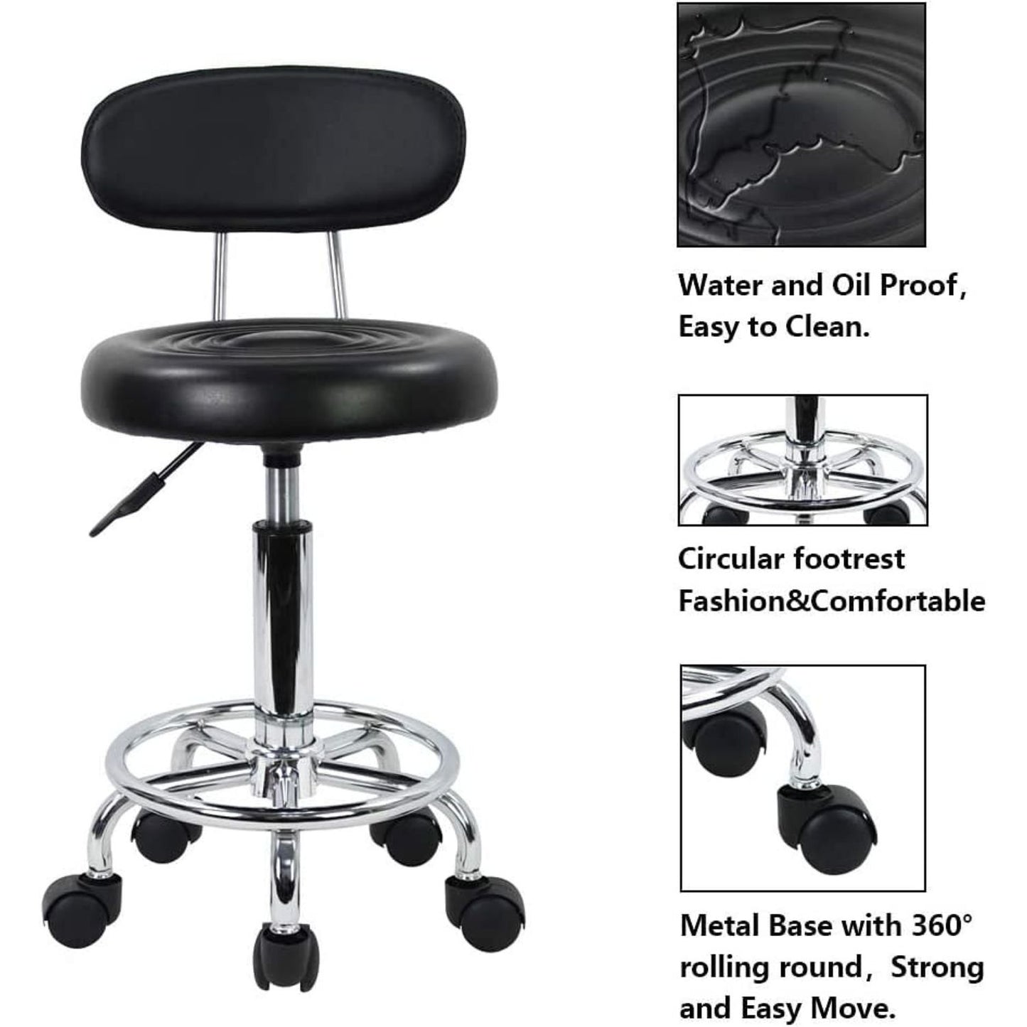 EKKIO Backrest Round Salon Stool with Adjustable Height (Black) EK-SS-101-YB