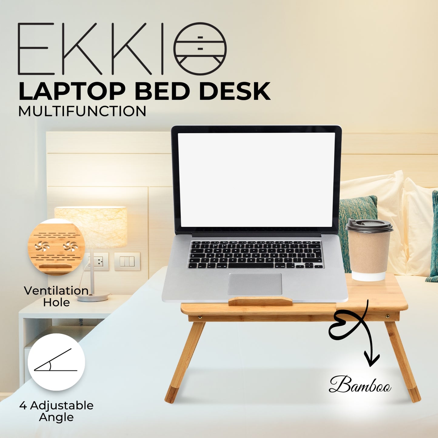 EKKIO Foldable Bamboo Laptop Bed Desk with Handles and Folding Legs EK-LD-100-BB