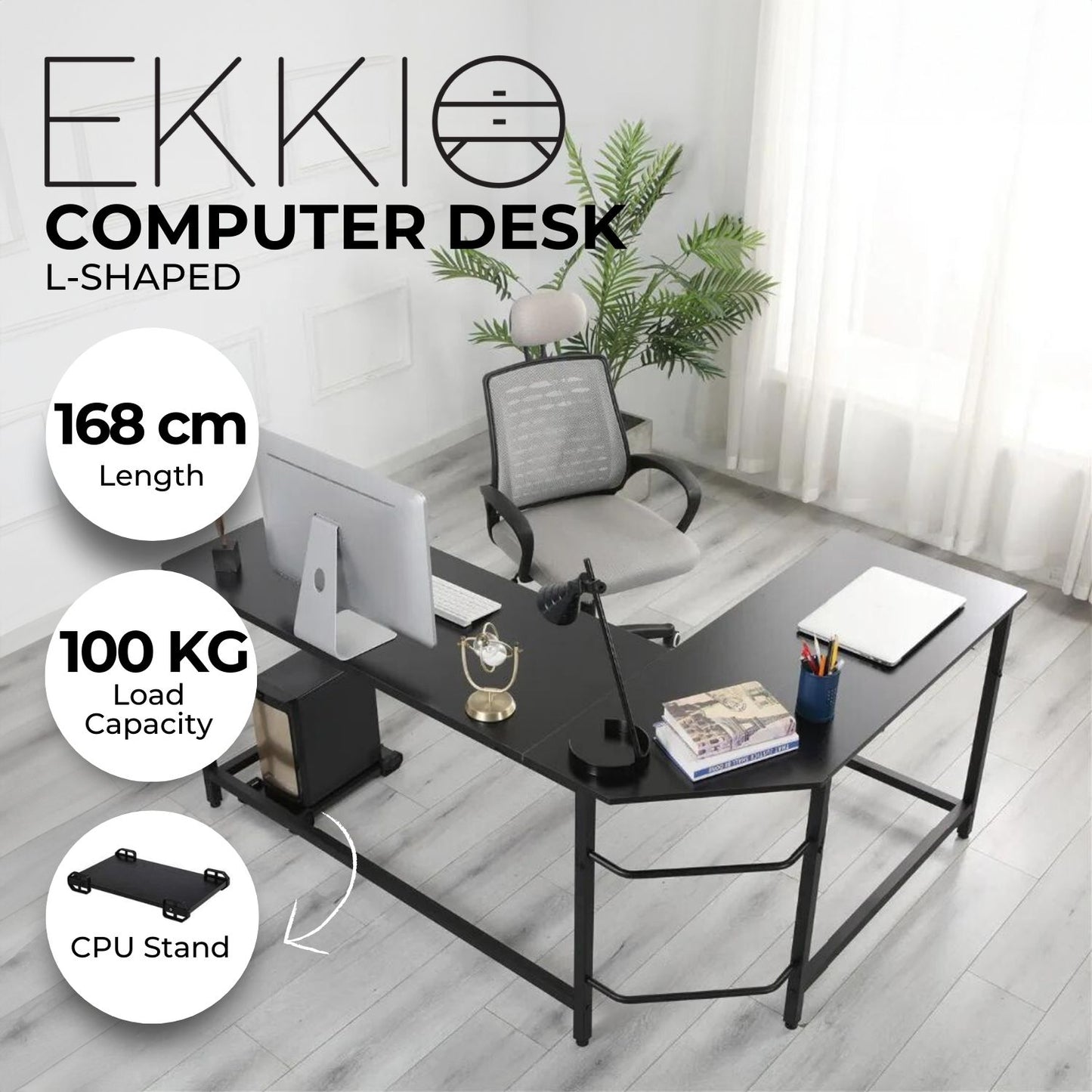 EKKIO L-Shaped Corner Computer Desk with CPU Stand (Black) EK-CD-101-LR