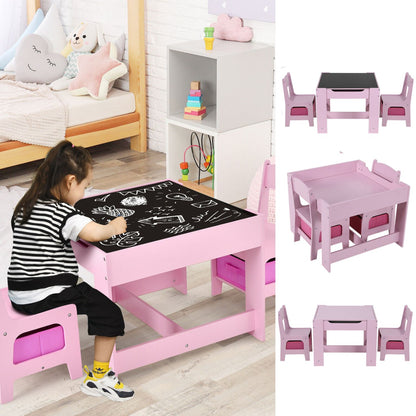 EKKIO 3PCS Kids Table and Chairs Set with Black Chalkboard (Pink) EK-KTCS-101-RHH