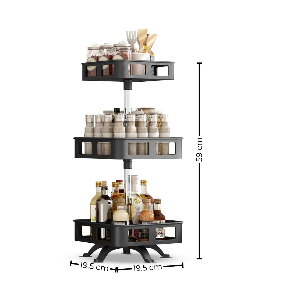 GOMINIMO 3 Tier Rotating Spice Rack Square Shape (Black)