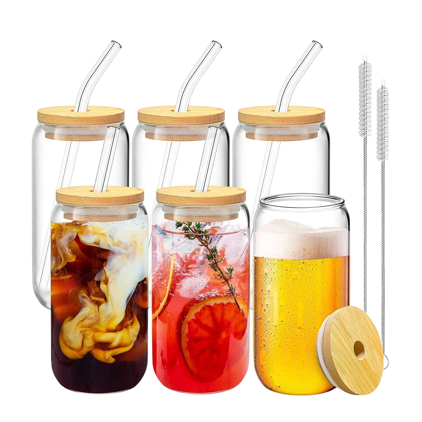 GOMINIMO 6 Pcs Clear Drinking Glasses with Bamboo Lids and Glass Straw(16 Oz )