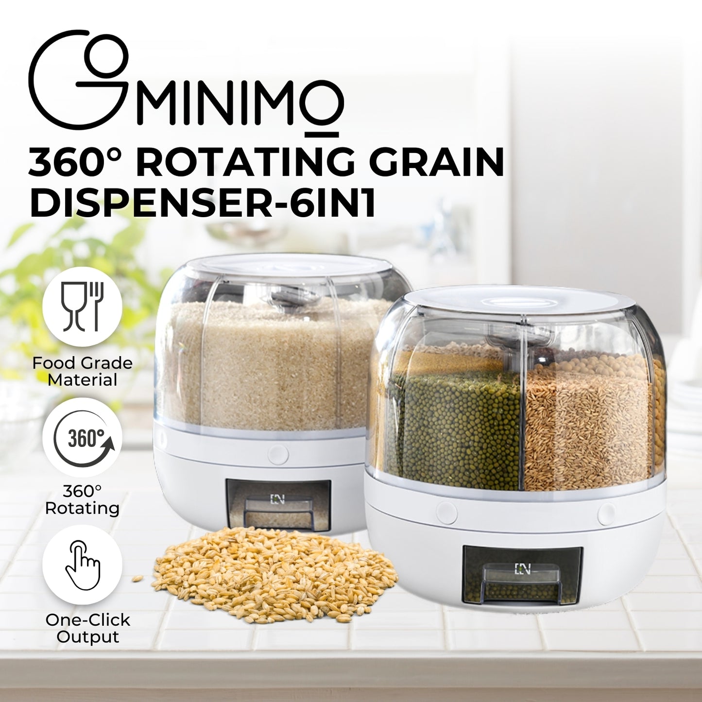 GOMINIMO 6 in 1 Rotating 360? Grain Dispenser with Lid (White)