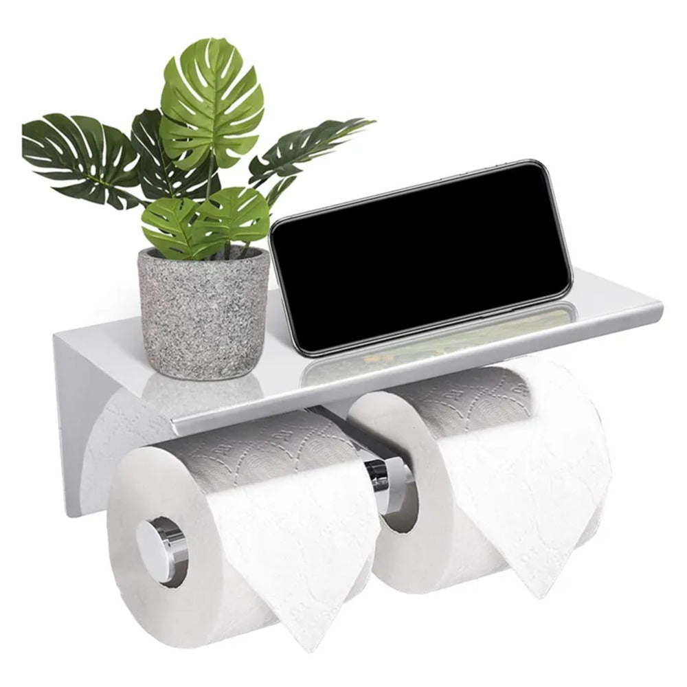 GOMINIMO 304 Stainless Steel Double Toilet Paper Roll Holder with Phone Shelf (Silver) GO-TPRH-101-FQJ