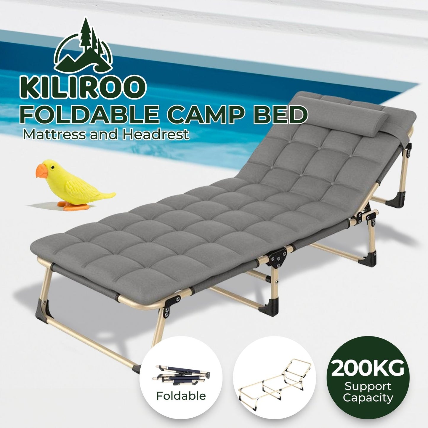 KILIROO Adjustable Portable Folding Bed with Mattress and Headrest (Grey) KR-FBM-100-KX