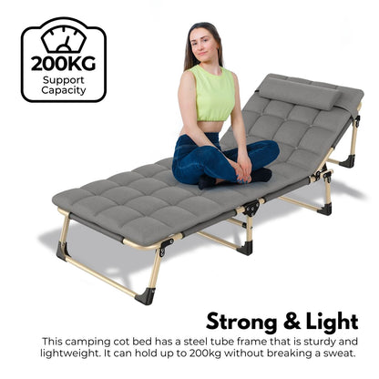 KILIROO Adjustable Portable Folding Bed with Mattress and Headrest (Grey) KR-FBM-100-KX