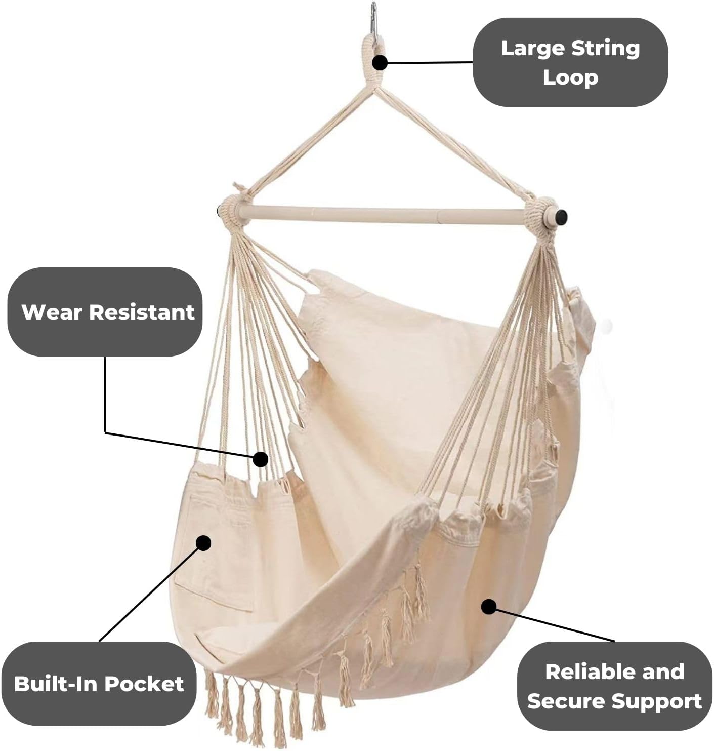 NOVEDEN Hammock Chair Hanging Rope Swing with 2 Seat Cushions Included (Beige)