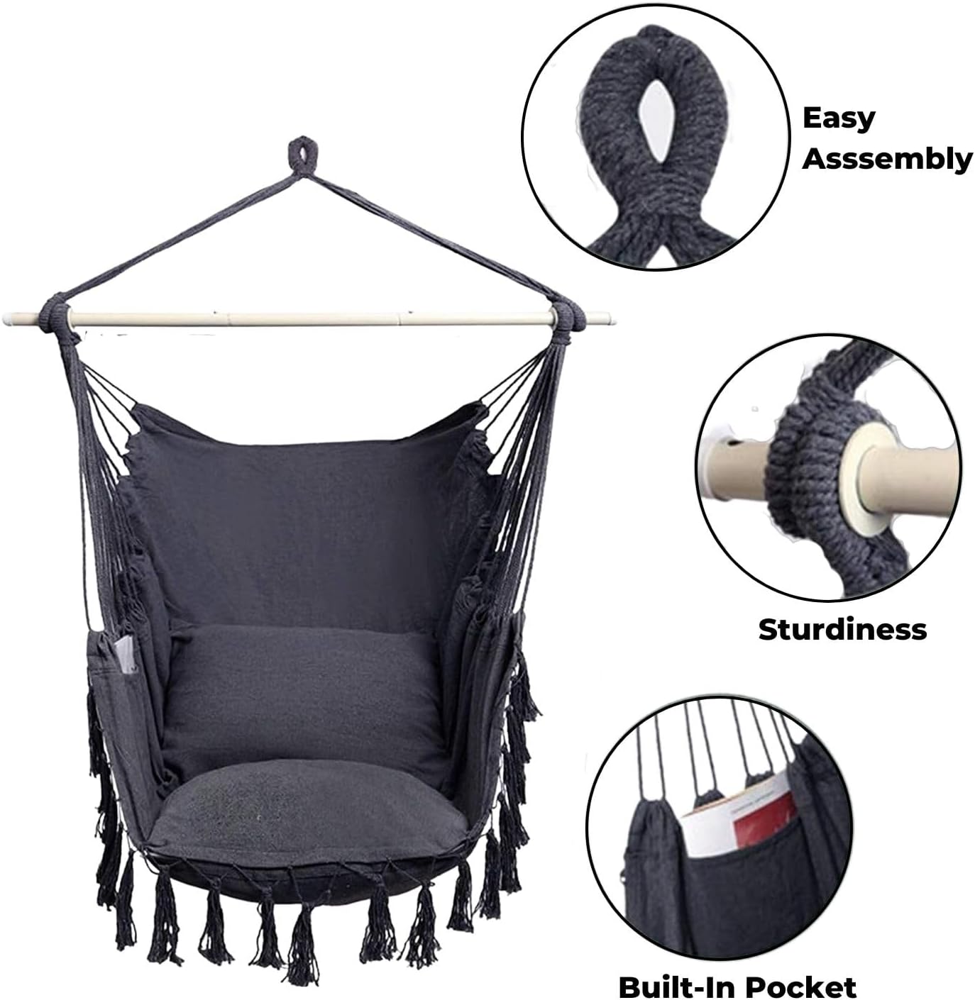 NOVEDEN Hammock Chair Hanging Rope Swing with 2 Seat Cushions Included (Dark Grey) NE-HC-102-XXW