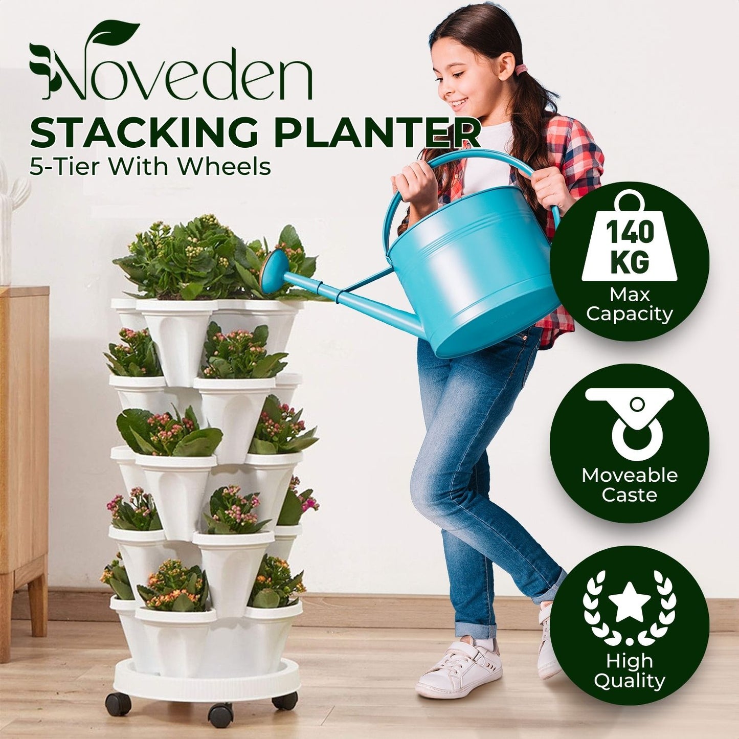 NOVEDEN 5 Tier Stacking Planter Vertical Garden with Heavy Duty Trolley Wheels (45cm) NE-SP-100-TE