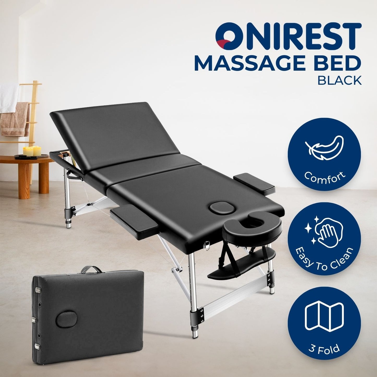 ONIREST 3 Fold Adjustable Portable Massage Bed (Black)OR-MTP-100-NS