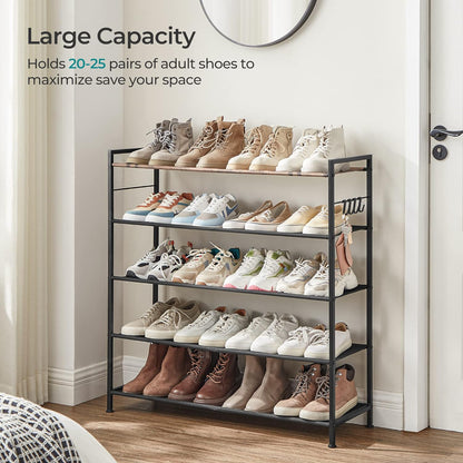 SONGMICS 5 Tier Shoe Rack Storage Organizer for 20-25 Pairs with 4 Hooks Rustic Brown LMR035B01